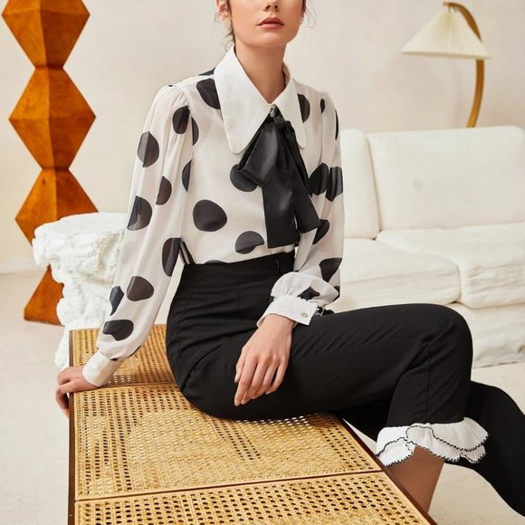 . Tops - Black and White Polka Dot Tie Neck Shirt blouse